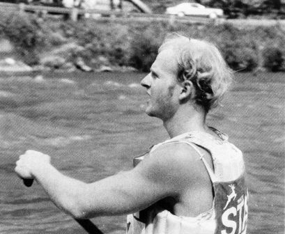 David1976.jpg - WPCC's David Benner finishing first in the C-1 intercollegiate slalom race 1976