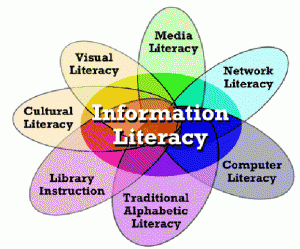 Infographic showing the various components of information literacy: cultural, visual, media, network, computer, traditional alphabetic, and library instruction