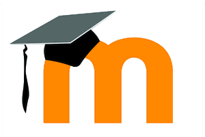 Moodle logo consisting of a gold-colored m with a graduation mortarboard hanging on its corner