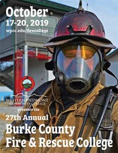 Photo of the cover of the 2019 Fire College booklet featuring a photo of a firefighter