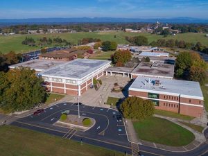 Photo from a drone of the main campus of Western Piedmont Commuinity College. Moore and Burnett Halls are in the foreground