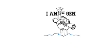 First Generation College Student Logo with a hand extending a finger for number one holding a diploma