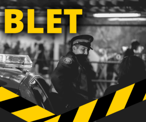 Photo of a police officer. Graphics of caution tape and "B-L-E-T" on top of the image.