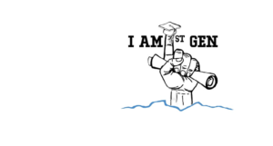 First Generation College Student Logo with a hand extending a finger for number one holding a diploma