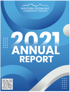 Image of western piedmont community college 2021 annual report blue with white and blue circles cover and a qr code