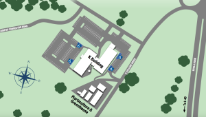 Image of a rendering image of the k building and horticulture and greenhouse campus map