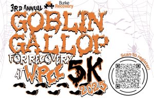 Goblin gallop for recovery at wpcc 5k 2025, with a qr code that says scan to register, spider webs and spider and bats in the background