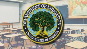Image of a classroom with the department of education united states of america logo.