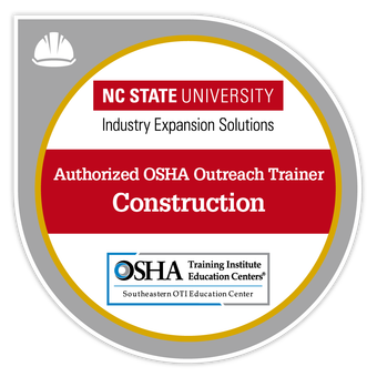 NC State University OSHA logo "industry expansions solution - Authorized OSHA outreach trainer construction" with construction hat image on the top left