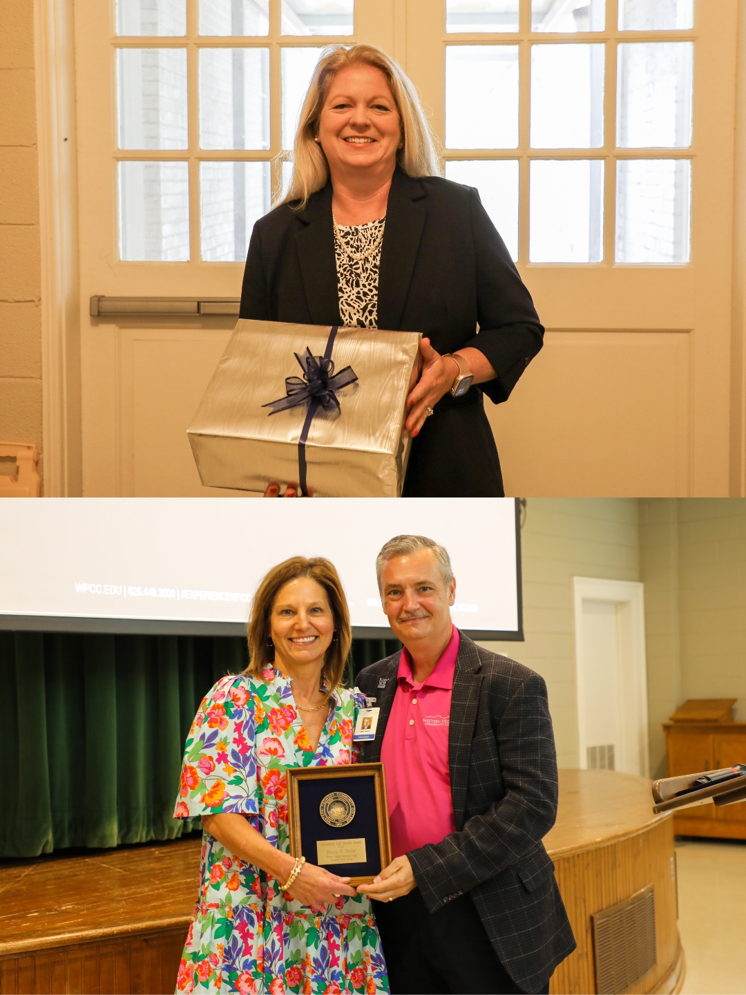 Image of 3 people holding gifts and a plaque