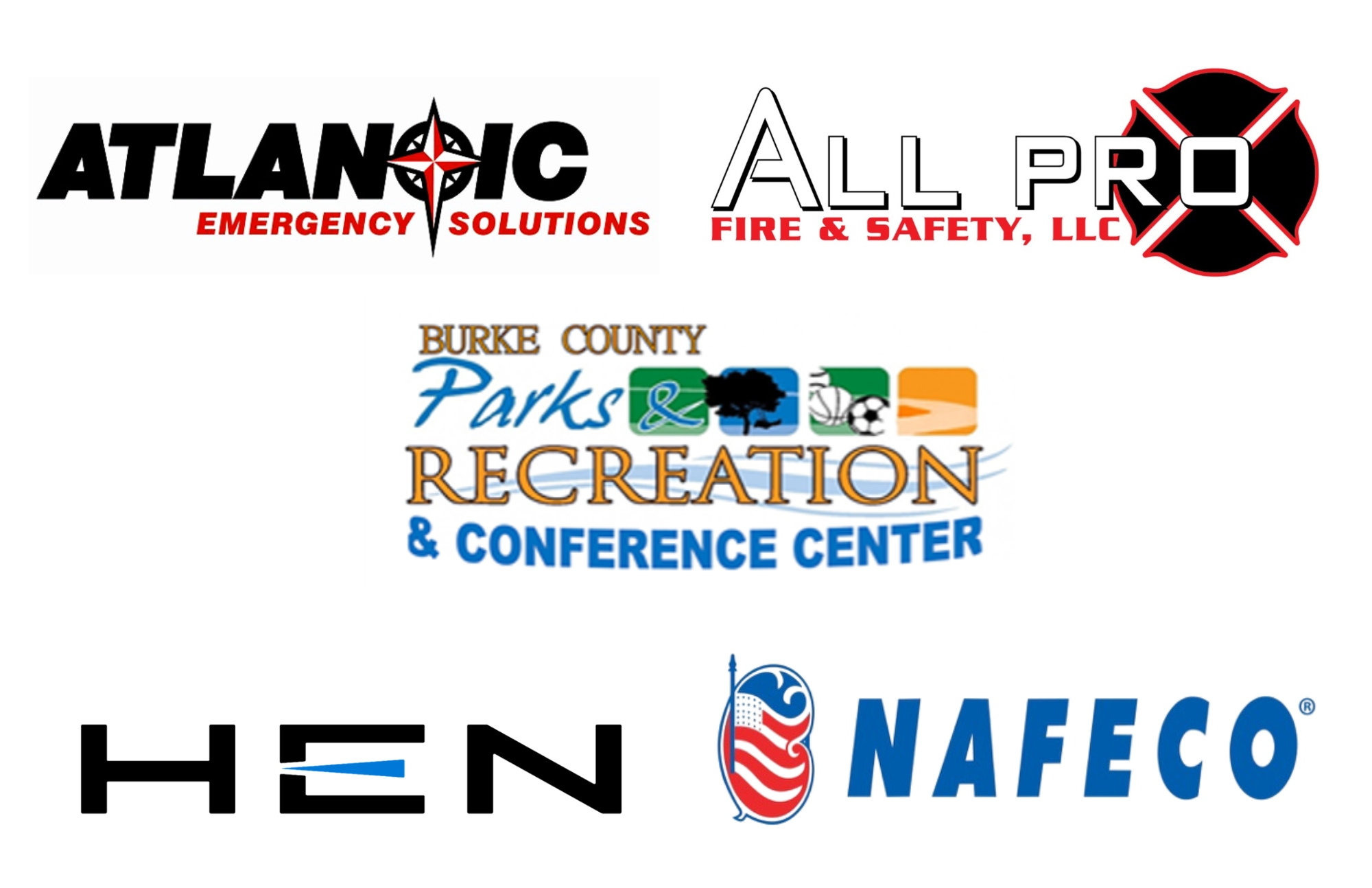 Image of 5 sponsors, atlantic emergency solutions, all pro fire and safety llc, burke county parks and recreation and conference center, hen, and nafeco