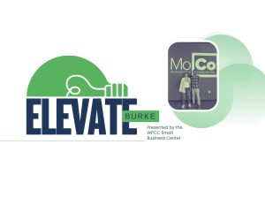 image of elevate burke logo with presented by the wpcc small business center with an image of 2 people smiling